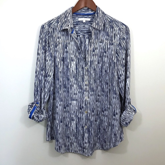 Foxcroft Silky Blue Abstract Roll Cuff Blouse - Picture 7 of 8